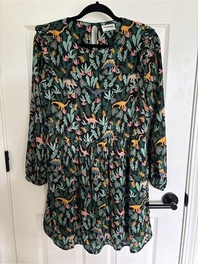 Sugarhill London Green Botanical Dinosaur Print teacher Dress cute chiffon